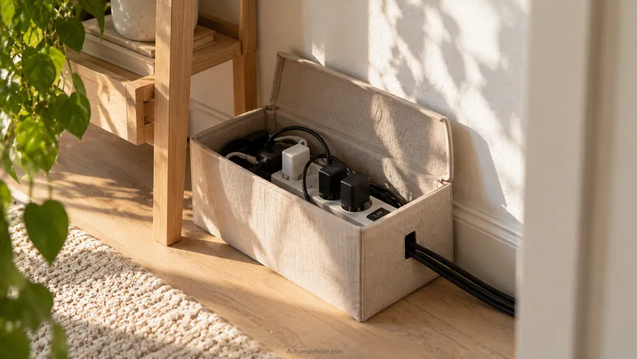 Kabelbox für die Steckdosenleiste als Aufbewahrungslösung, offene Stoffbox mit mehreren Netzteilen hinter dem TV-Sideboard gegen sichtbaren Kabelsalat