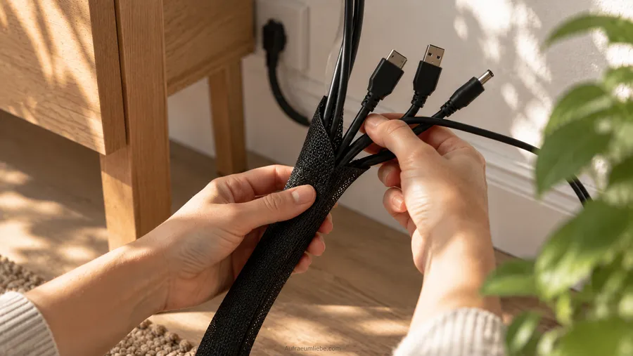Kabel mit einem Kabelschlauch bündeln, mehrere lose Kabel werden in einem flexiblen schwarzen Schlauch zusammengefasst, eine einfache DIY-Lösung fürs Kabelmanagement