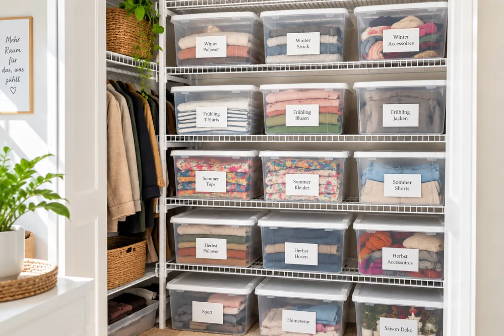 Offenes Regal mit beschrifteten, durchsichtigen Aufbewahrungsboxen für Kapselgarderobe nach Saison sortiert, daneben aufgehängte Kleidung und Körbe