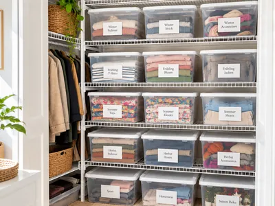 Offenes Regal mit beschrifteten, durchsichtigen Aufbewahrungsboxen für Kapselgarderobe nach Saison sortiert, daneben aufgehängte Kleidung und Körbe