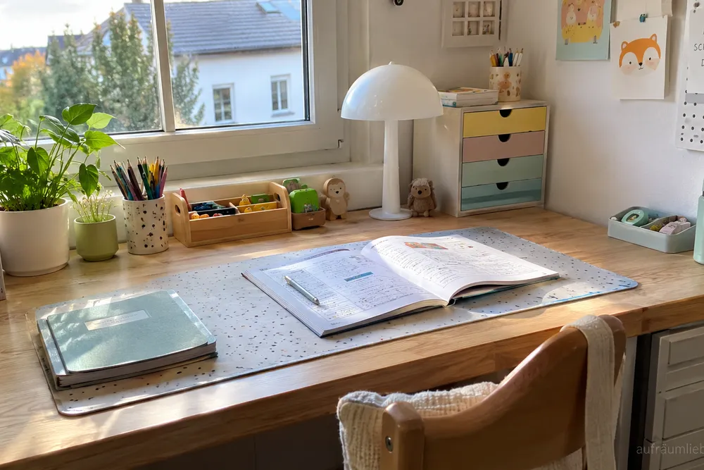 Kinderschreibtisch einrichten zum Schulstart: aufgeräumter Lernplatz mit Stiftebecher, Ablagefach und Lampe, ordentlich vorbereitet für den ersten Schultag