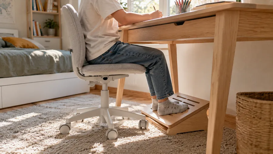 Kind sitzt ergonomisch korrekt am Schreibtisch, Füße flach auf dem Boden, Ellenbogen im rechten Winkel auf der Tischplatte
