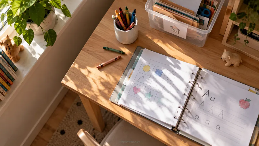 Aufgeräumter Grundschul-Schreibtisch mit Stiftebecher, Hefter und Ablagefach, einfache Bildkarten zur Beschriftung
