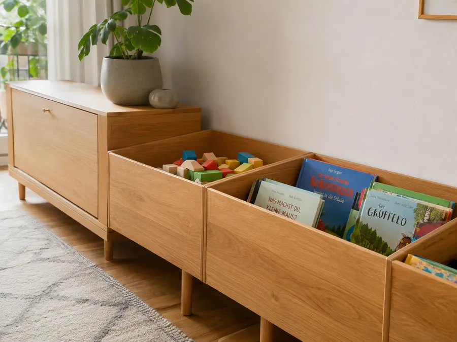 Kinderspielzeug organisieren im Wohnzimmer mit offenen Holzboxen für Bauklötze und Bücher in Kinderhöhe sortiert