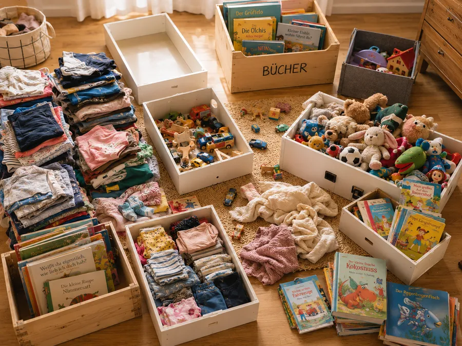 Spielzeug und Kleidung nach Kategorien am Boden sortiert vor dem Ausmisten im Kinderzimmer