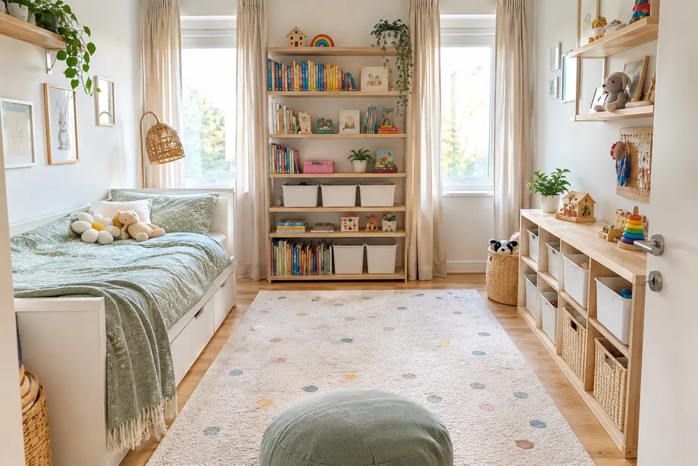 Helles Kinderzimmer mit Bücherregal, beschrifteten Aufbewahrungsboxen und einem geflochtenen Korb für Spielzeug, ordentlich organisiert