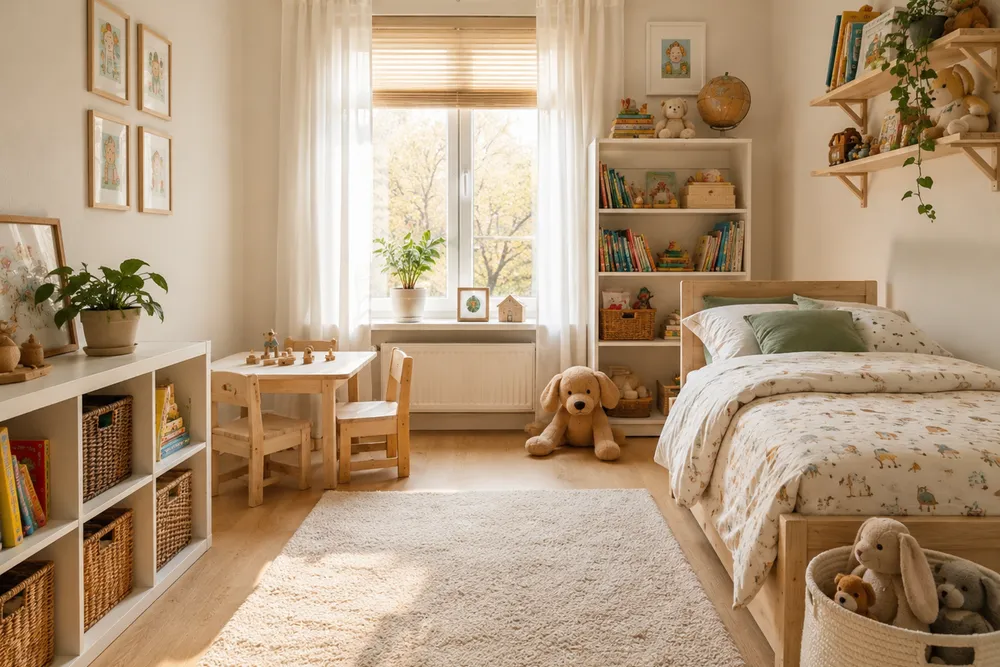 Kind räumt Spielzeug selbstständig in eine offene Aufbewahrungsbox im Kinderzimmer