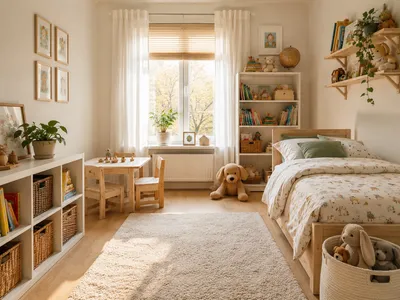 Kind räumt Spielzeug selbstständig in eine offene Aufbewahrungsbox im Kinderzimmer