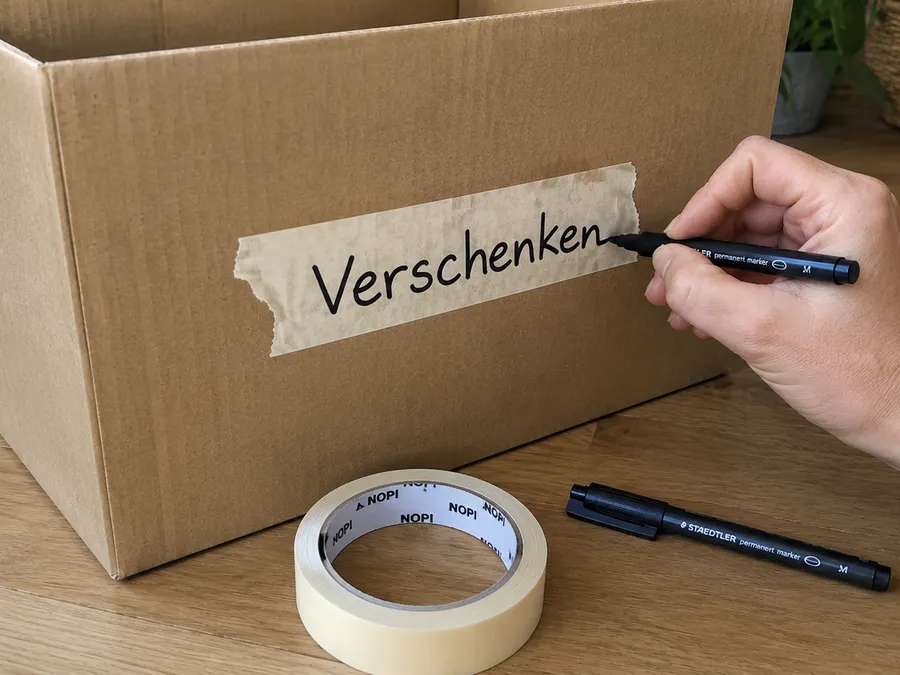 Hand beschriftet eine Kiste mit Klebeband und dickem Stift mit der Aufschrift Verschenken