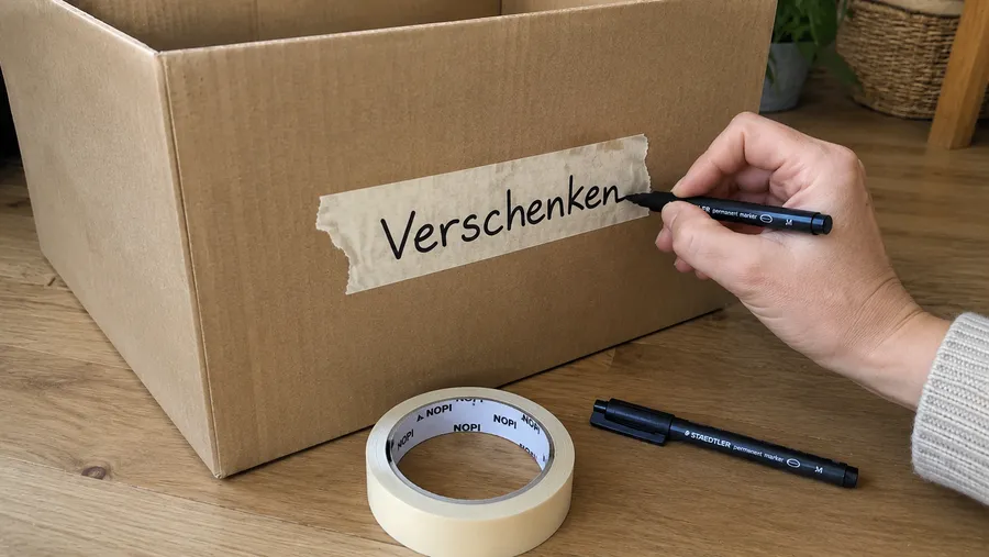 Hand beschriftet eine Kiste mit Klebeband und dickem Stift mit der Aufschrift Verschenken