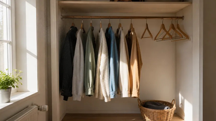 Halb leerer Kleiderschrank mit wenigen großzügig aufgehängten Kleidungsstücken und sichtbaren leeren Kleiderbügeln