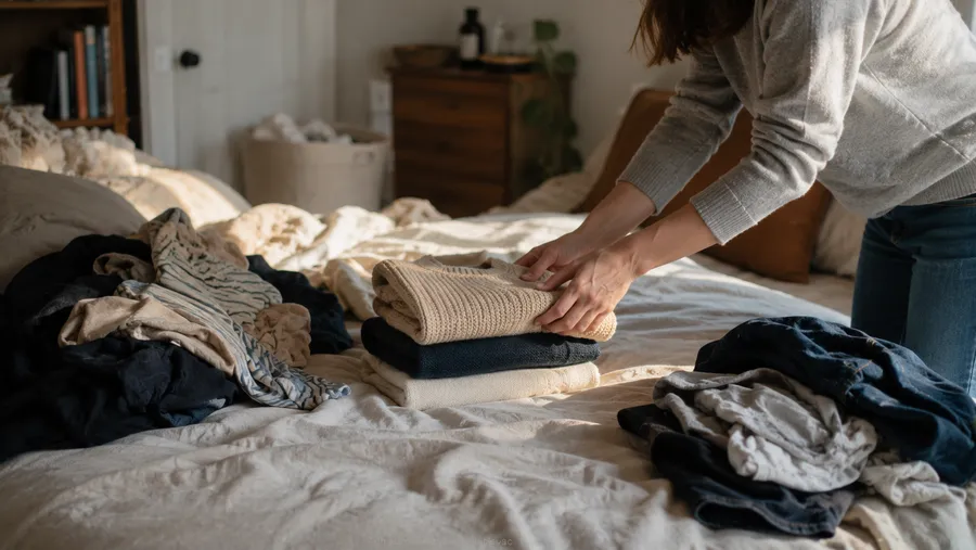 Unaufgeräumtes Bett mit drei losen Kleiderstapeln, eine Hand legt gerade einen Pullover auf einen der Stapel