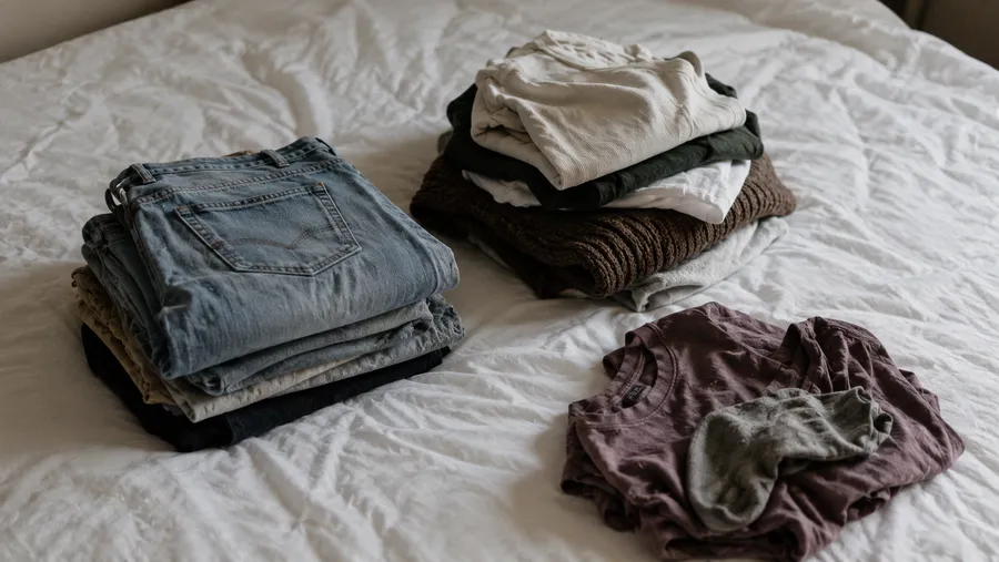 Draufsicht auf drei getrennte Kleiderstapel auf dem Bett, ein ordentlicher Stapel Alltagskleidung, ein Stapel mit Hemd und Pullover, ein kleiner Stapel mit abgetragenem T-Shirt