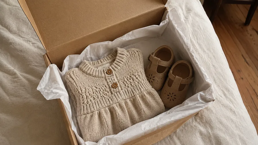 Kleine offene Pappschachtel mit weißem Seidenpapier ausgelegt, darin ein sorgfältig gefaltetes Strickkleid und ein Paar Babyschuhe