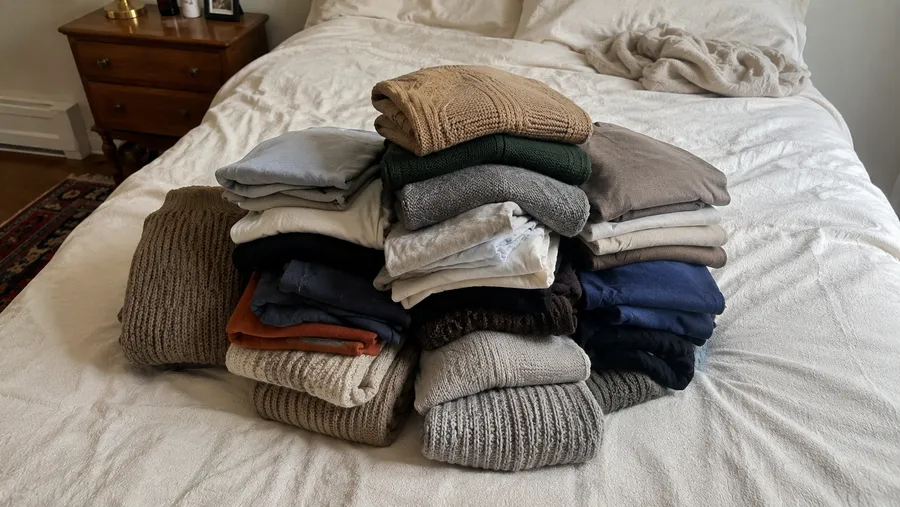 Großer, leicht unordentlicher Stapel gefalteter Pullover und T-Shirts auf einem Bett, aus leicht erhöhter Perspektive fotografiert