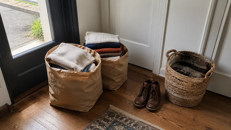 Zwei gefüllte braune Papiertüten mit gefalteter Kleidung stehen an einer Wohnungstür auf Holzboden, daneben ein Weidenkorb