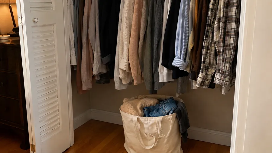 Offener Kleiderschrank mit locker hängenden Pullovern und Hemden, davor eine Stofftasche mit gefalteter Kleidung zum Spenden