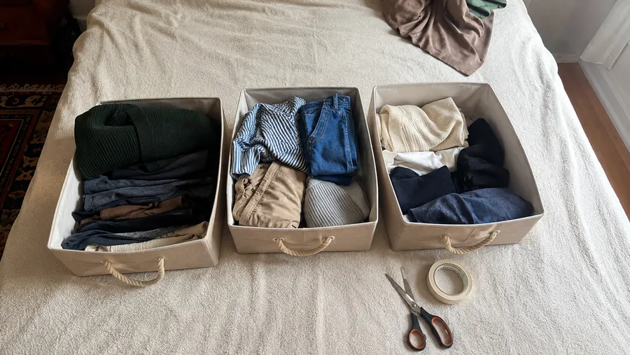 Draufsicht auf ein Bett mit drei offenen Stoffkisten mit Seilgriffen, darin lose gefaltete Kleidung, daneben Klebeband und eine Schere