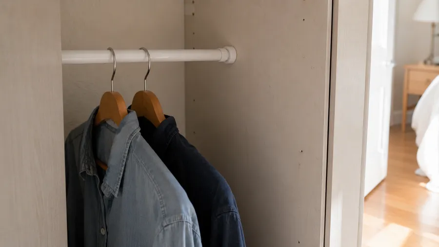 Blick in die Ecke eines schmalen Kleiderschranks mit einer einfachen Klemmstange zwischen zwei Seitenwänden, zwei Hemden hängen daran