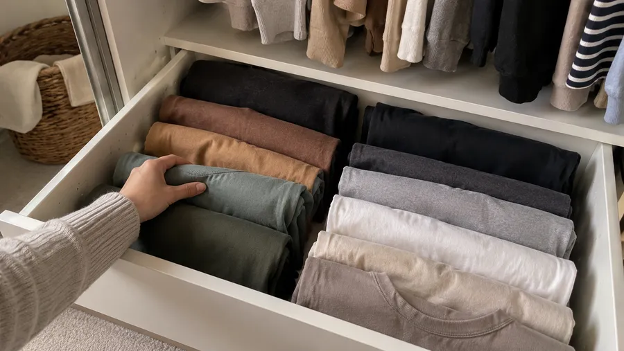 Offene Kleiderschrank-Schublade mit gefalteten T-Shirts in Erdtönen, eine Hand richtet einen Stapel
