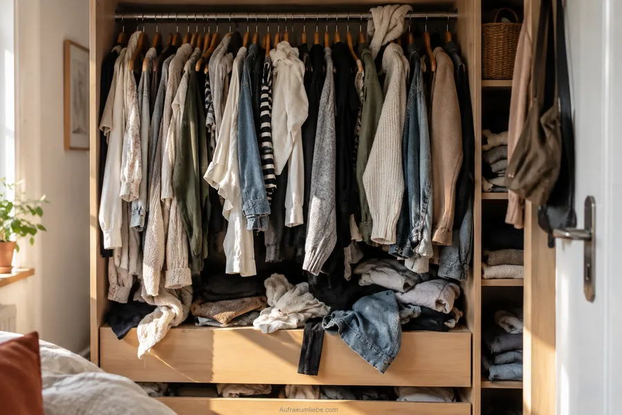 Dicht gepackter Kleiderschrank mit zu vielen Kleidungsstücken, praktisches Beispiel, warum Ausmisten oft wichtiger ist als ein neues Aufbewahrungssystem
