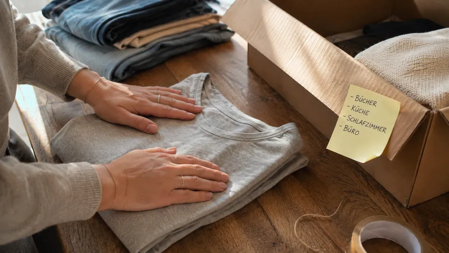 Hände falten ein hellgraues T-Shirt auf einem Holztisch neben einem Karton mit handgeschriebener Checkliste