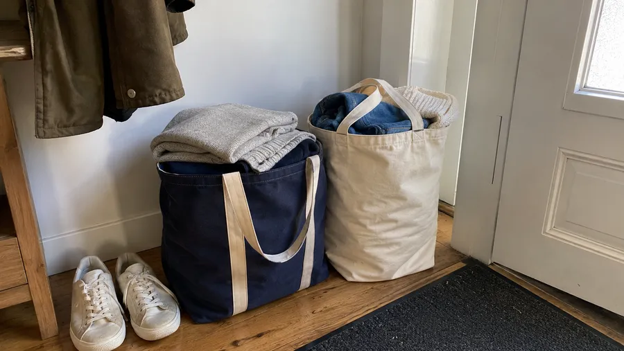 Zwei gut gefüllte Stofftaschen mit gefalteter Kleidung stehen am Eingang neben ein paar Schuhen