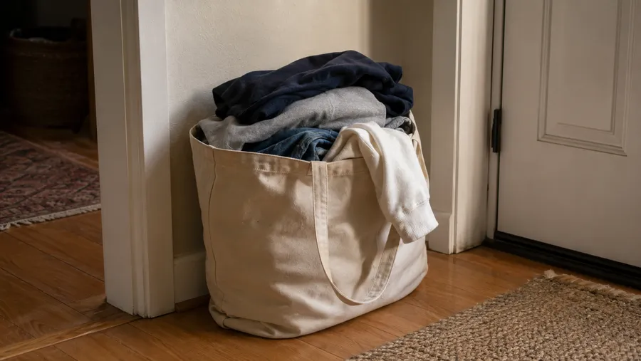 Eine Stofftasche steht am Eingangsbereich, gefüllt mit gefalteter Kleidung zum Spenden, ein Ärmel hängt leicht über den Rand