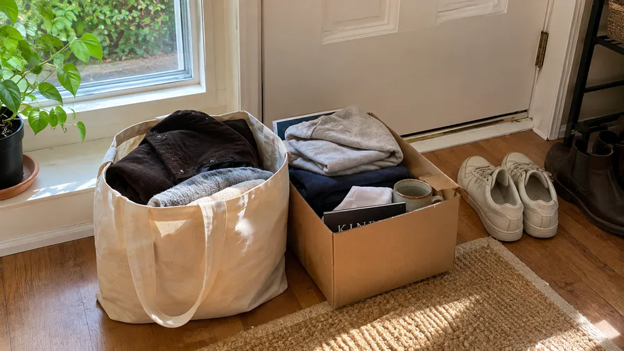 Stofftasche und ein kleiner Karton mit gefalteten Kleidungsstücken stehen im Eingangsbereich bereit zum Wegbringen