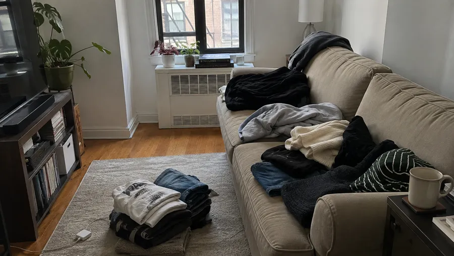 Kleines Wohnzimmer in einer Stadtwohnung, ein überschaubarer Kleiderstapel liegt auf dem Sofa statt auf dem gesamten Boden