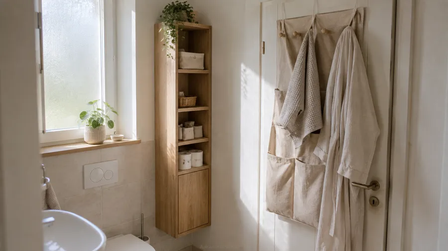 Ecke eines kleinen Bades mit schmalem, hohem Wandschrank und einem hängenden Stoff-Organizer mit Haken an der Türinnenseite, an dem ein Handtuch und ein Bademantel hängen