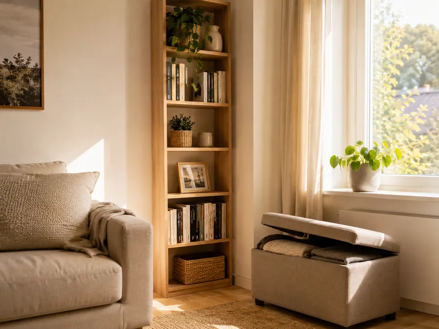 Kleines Wohnzimmer organisieren mit schmalem Wandregal neben dem Fenster und Ottomane mit Stauraum für Decken