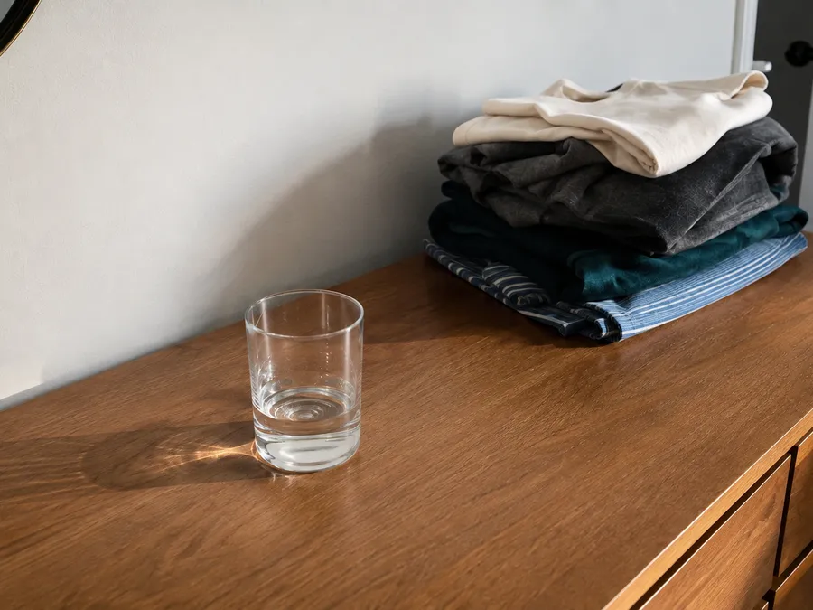 Nahaufnahme einer größtenteils leeren Holzkommode im Schlafzimmer mit einem kleinen Wäschestapel und einem Wasserglas im Morgenlicht