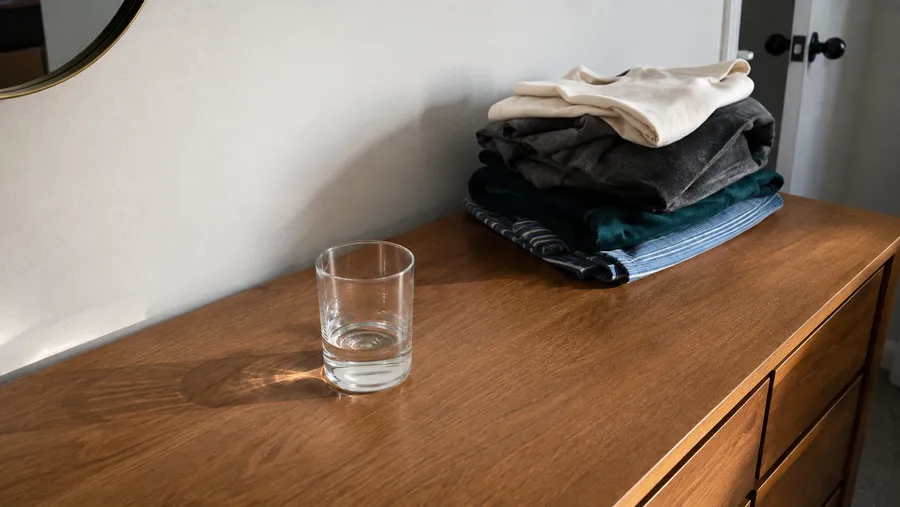 Nahaufnahme einer größtenteils leeren Holzkommode im Schlafzimmer mit einem kleinen Wäschestapel und einem Wasserglas im Morgenlicht