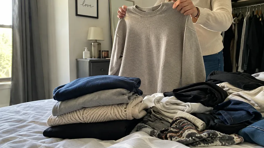 Gefaltete Kleidung liegt auf einem Bett, zwei Hände halten einen Pullover in Brusthöhe und betrachten ihn prüfend