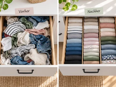 Vorher-Nachher-Vergleich einer Schublade: links chaotisch gestopfte Kleidung, rechts nach der KonMari-Methode vertikal gefaltet und farblich sortiert