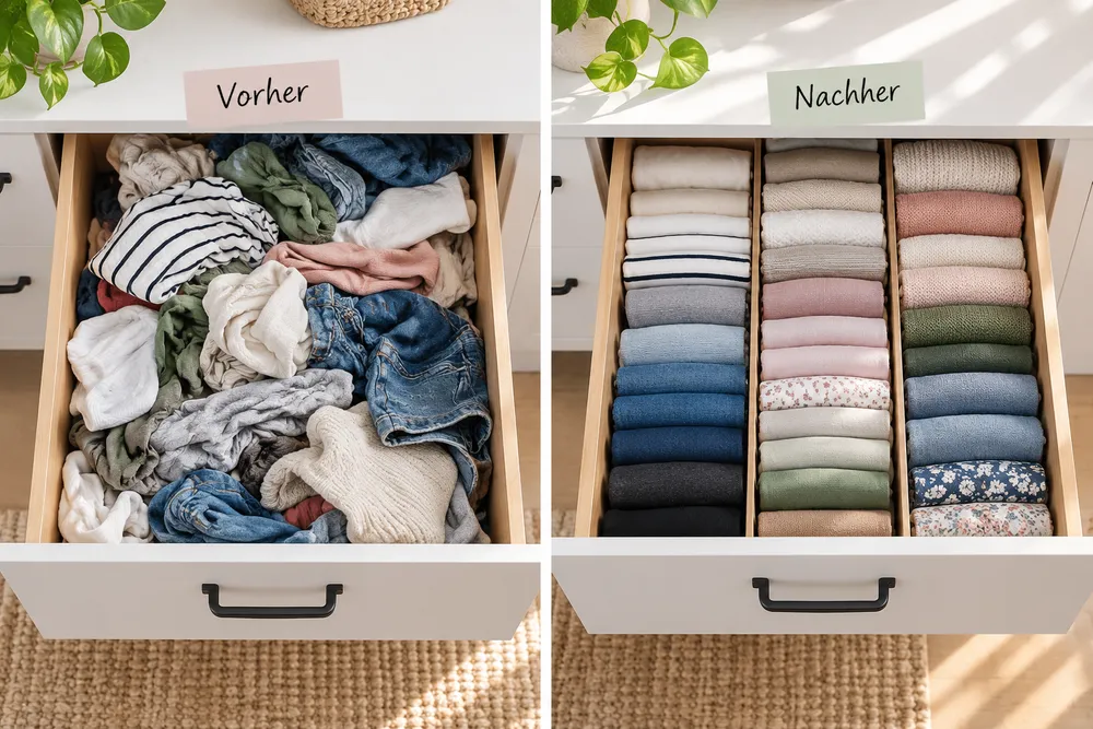 Vorher-Nachher-Vergleich einer Schublade: links chaotisch gestopfte Kleidung, rechts nach der KonMari-Methode vertikal gefaltet und farblich sortiert
