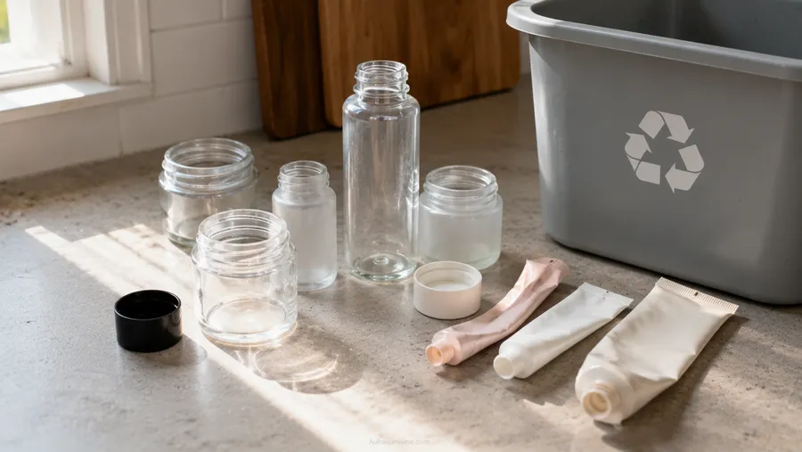 Leere, gereinigte Kosmetikverpackungen aus Glas und Plastik, getrennt sortiert, neben einer Recyclingbox