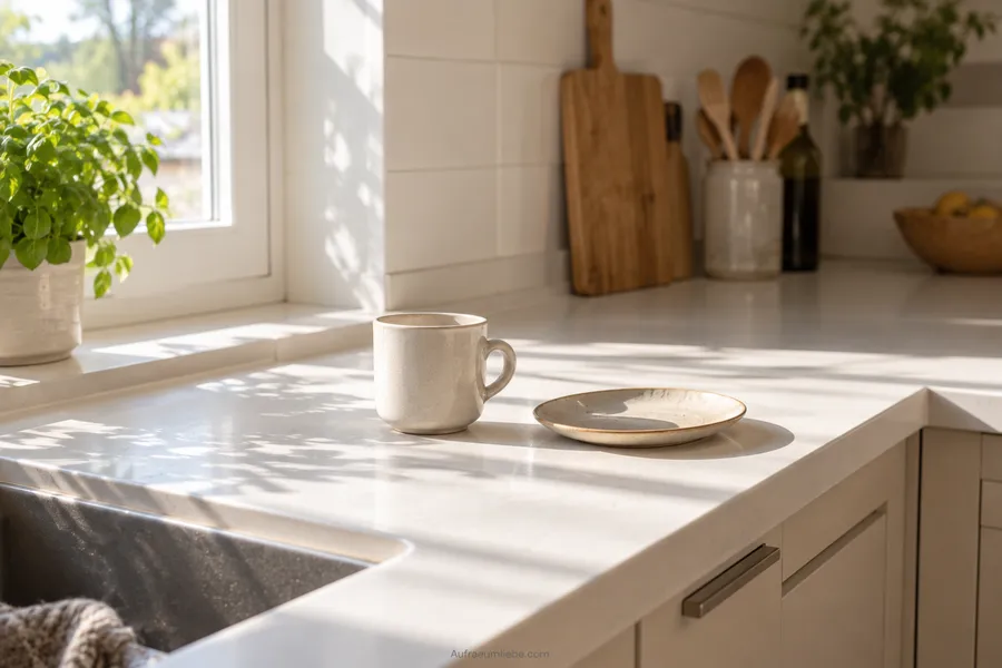 Aufgeräumte Küchenarbeitsplatte mit nur einer Tasse und einem Teller, Beispiel für Ordnung halten als tägliche Gewohnheit statt einmaliges Aufräumen