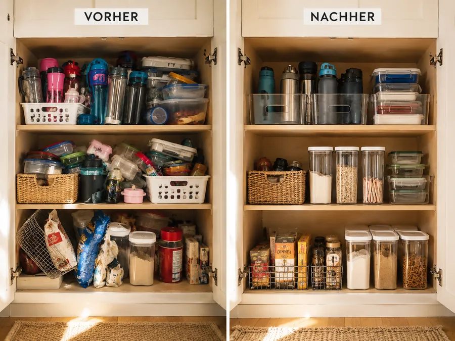 Küche ausmisten Vorher-Nachher: überfüllter Schrank im Vergleich zu geordneten Boxen