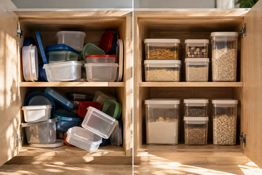 Vorher-Nachher-Foto eines Küchenschranks, links chaotisch vollgestopft, rechts mit einheitlichen Boxen sortiert, zeigt den Effekt von konsequentem Ausmisten