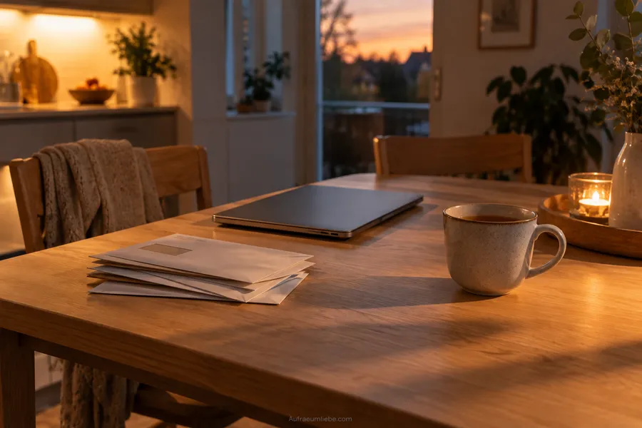 Küchentisch am Abend mit ungeöffneter Post, Laptop und einer Tasse Tee, alltägliches Beispiel dafür, wie sich Unordnung in stressigen Phasen unbemerkt ansammelt