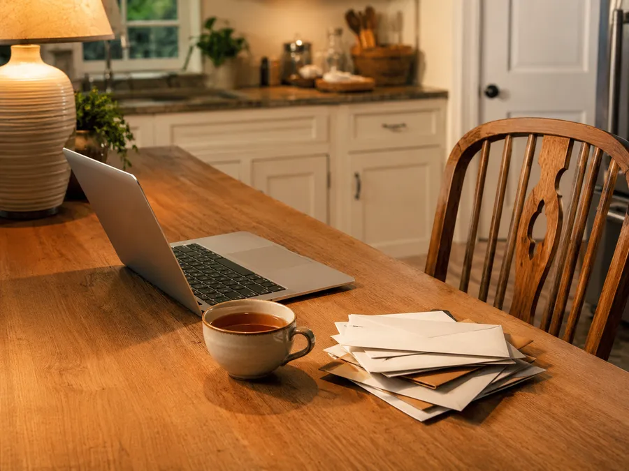 Küchentisch am Abend mit ungeöffneter Post, Laptop und Teetasse als Beispiel für Alltagschaos