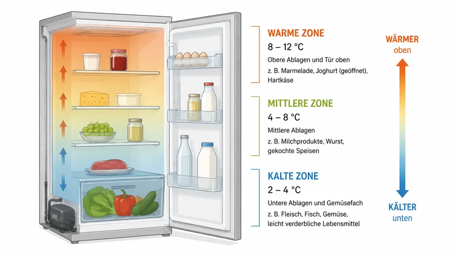 Seitlicher Querschnitt des Kühlschranks mit fünf farblich abgestuften Zonen, Temperaturangaben und Beispiel-Lebensmitteln je Fach