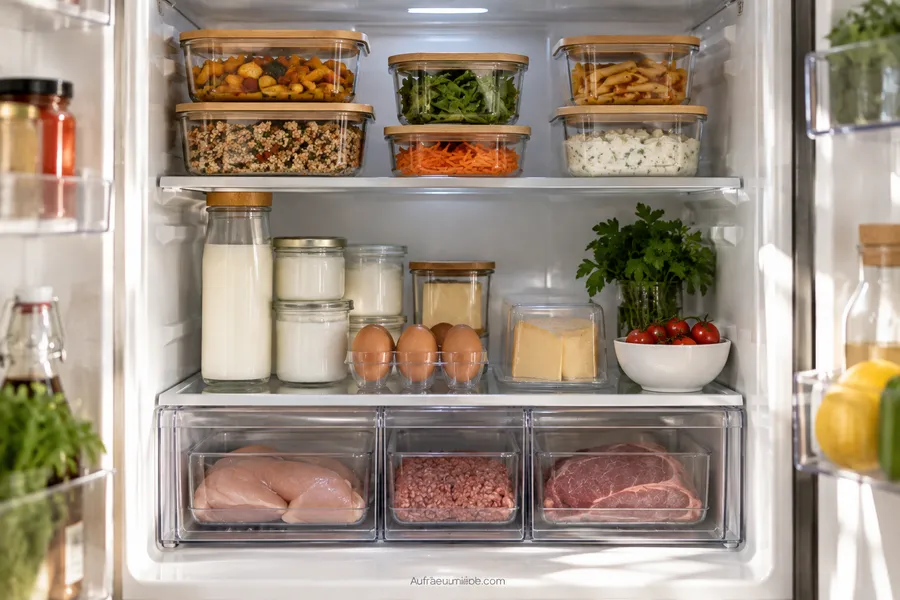 Geöffneter Kühlschrank mit sortierten Zonen für Reste, Milchprodukte und rohe Lebensmittel, reduziert Lebensmittelverschwendung
