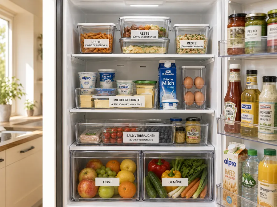 Kühlschrank organisieren mit klaren Zonen für Reste, Milchprodukte und offene Lebensmittel