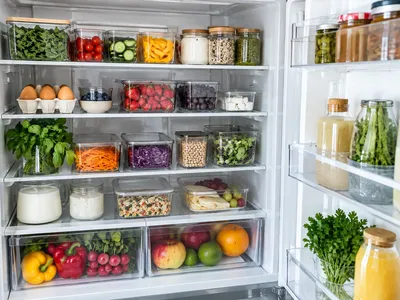 Geöffneter Kühlschrank mit durchsichtigen Aufbewahrungsboxen voller Obst, Gemüse und Kräutern, ordentlich nach Kategorien sortiert