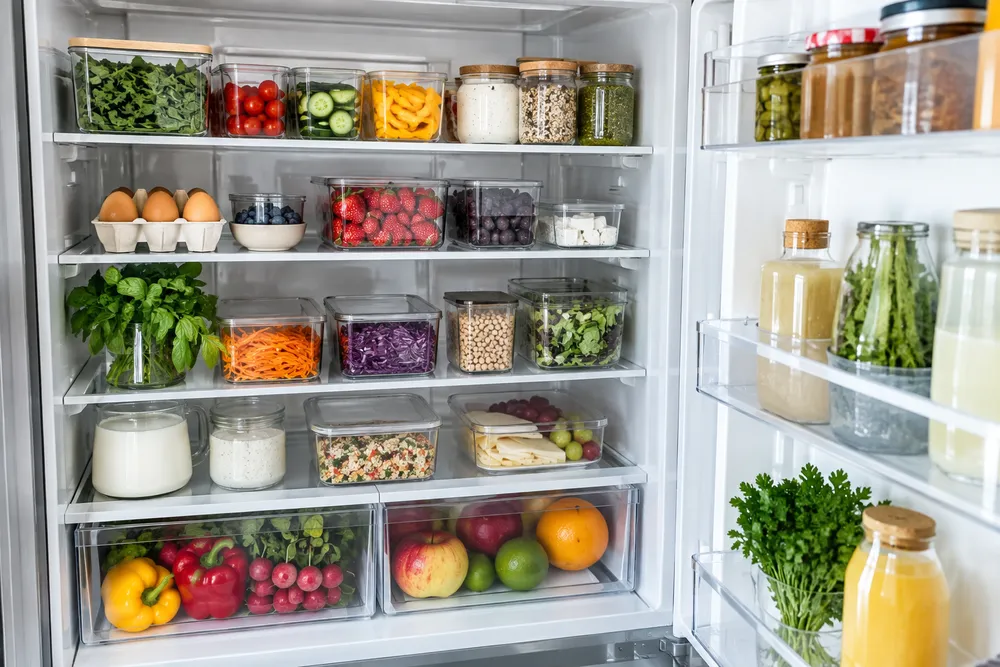 Geöffneter Kühlschrank mit durchsichtigen Aufbewahrungsboxen voller Obst, Gemüse und Kräutern, ordentlich nach Kategorien sortiert
