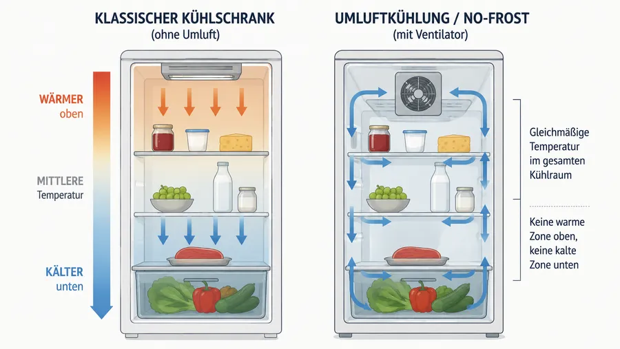 Zwei Kühlschrank-Querschnitte nebeneinander, links klassische Zonen, rechts gleichmäßige Umluftverteilung mit Pfeilsymbolen