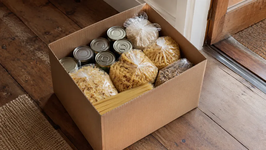 Karton mit unverpackten, unbeschädigten Konserven und Nudeln, bereit zum Spenden